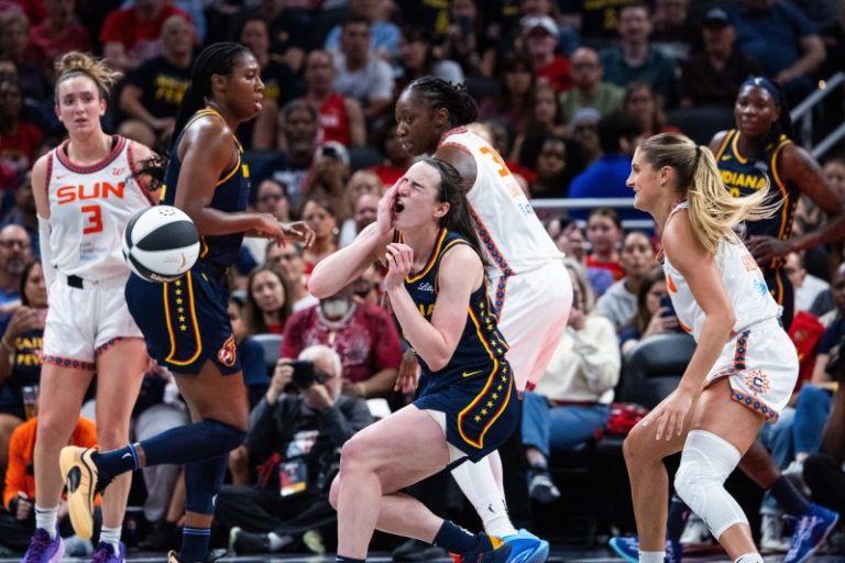 Caitlin Clark shoved down to the floor in Fever vs. Sun matchup